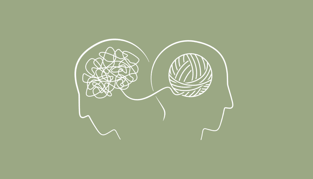 Illustration de pensées emmêlées qui se démêlent d'une tête à l'autre